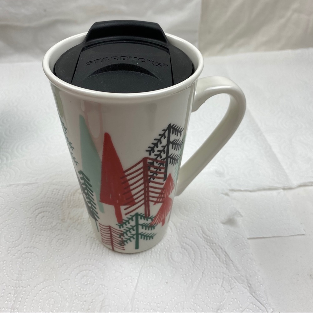 Starbucks 14 Fluid oz Porcelain Tumbler w/Lid CHRISTMAS COLORS PINE TREES